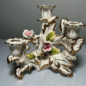 Vintage Wales Porcelain 3 Taper Candleholder 22K Trim Raised Flowers Made Japan